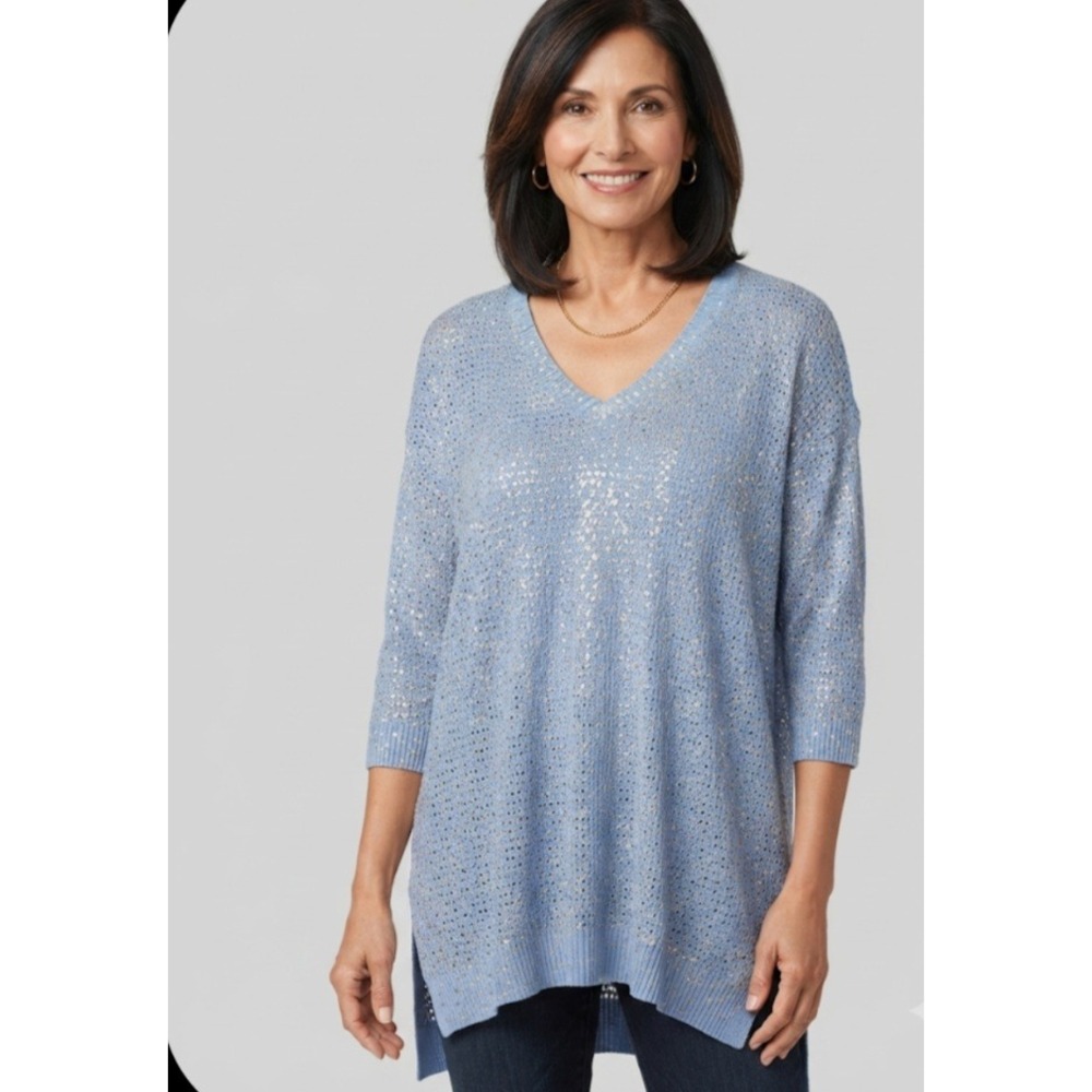 Soft Surroundings Blue Gold Foil Splatter V-Neck Knit Sweater XL 276593